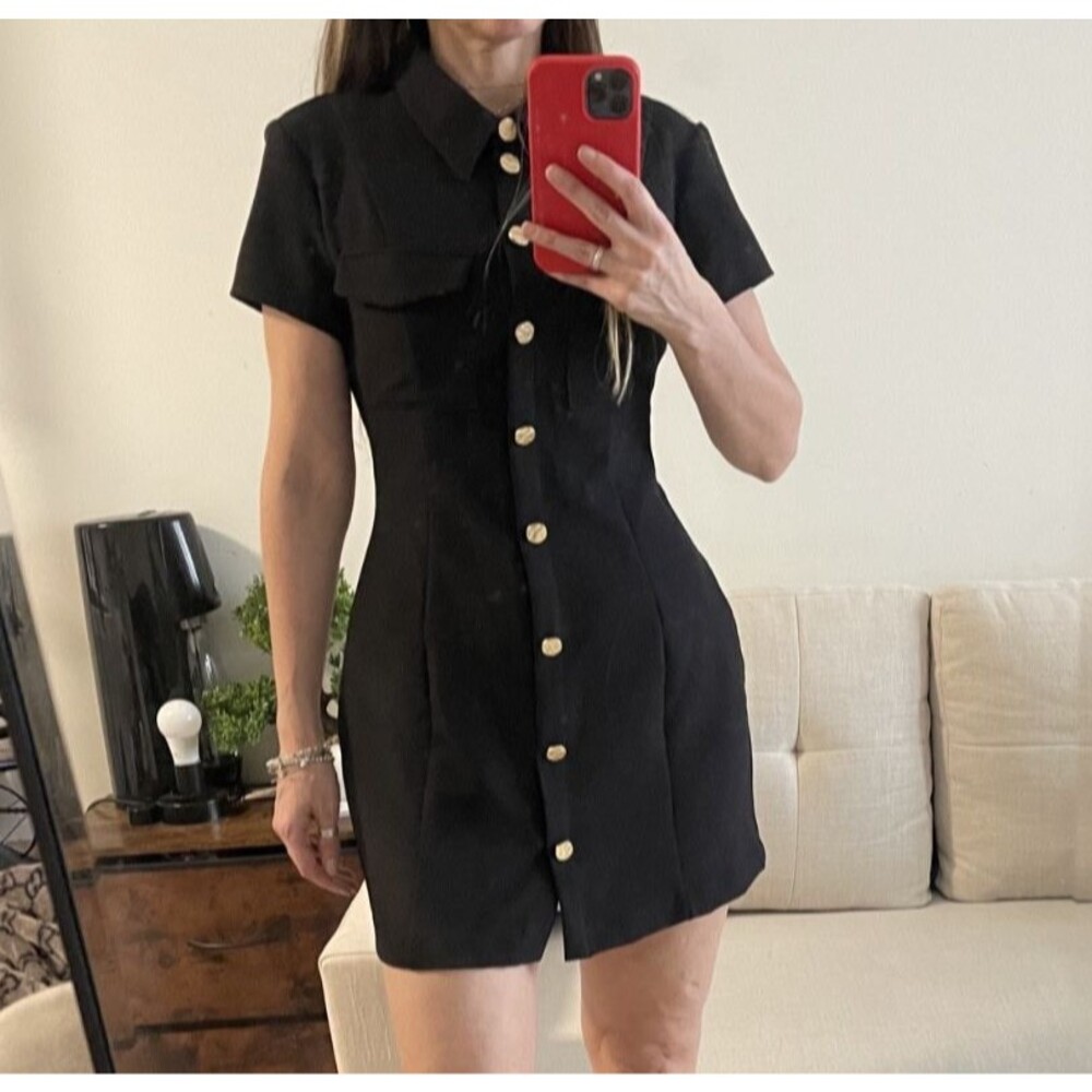 Zara Black Utility Shirt Mini Dress Gold Textured Buttons Cargo Pockets Size S